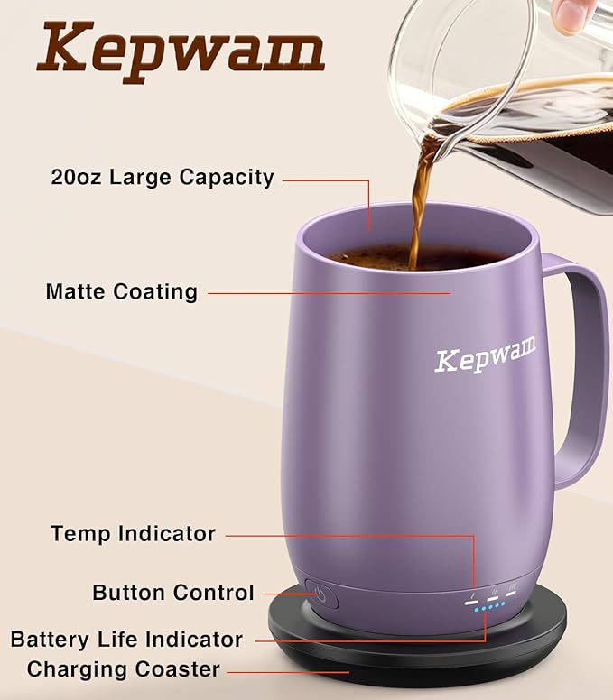 Kepwam Heated Coffee Mug T2-Plus, 20oz Leading Large Capacity Self Heating Coffee Mug, Up to 8 Hrs Battery & Hot Up to 149℉, Smart Coffee Mug for Women, Men