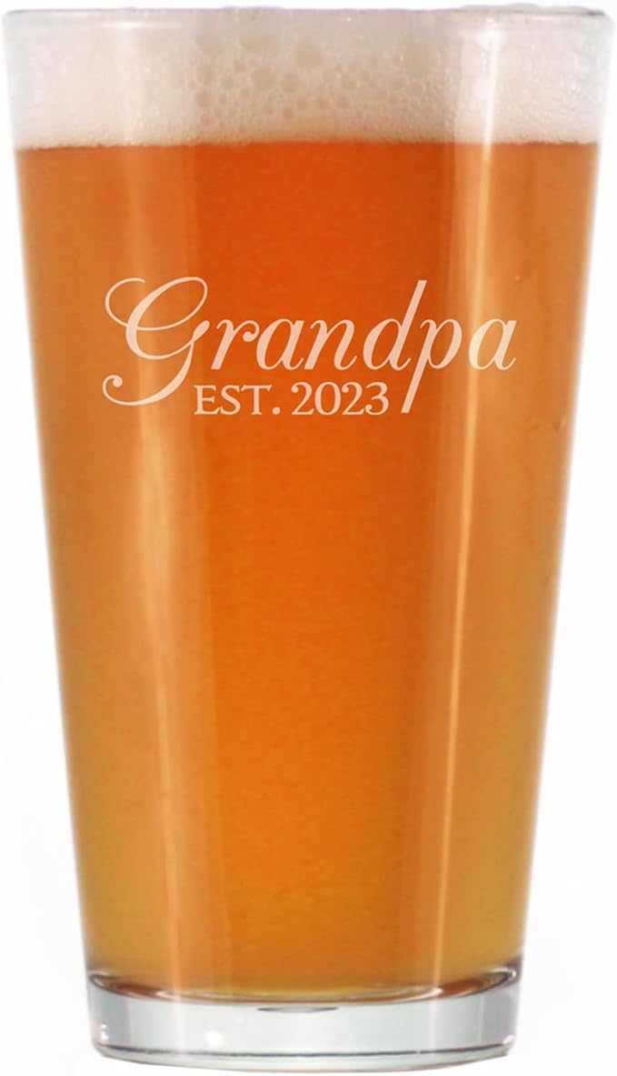 Bevvee Grandpa Est 2023 - New Grandfather Pint Glass Gift for First Time Grandparents - Decorative 16 Oz Glasses
