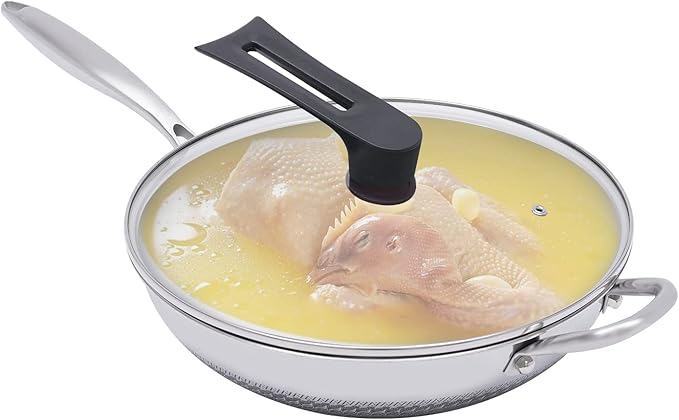 12 inch Wok Pan with Lid, Stainless Steel Saute Pan, Induction Wok Set, Woks & Stir-fry Pans with Honeycomb Coating, Nonstick Wok with Lid