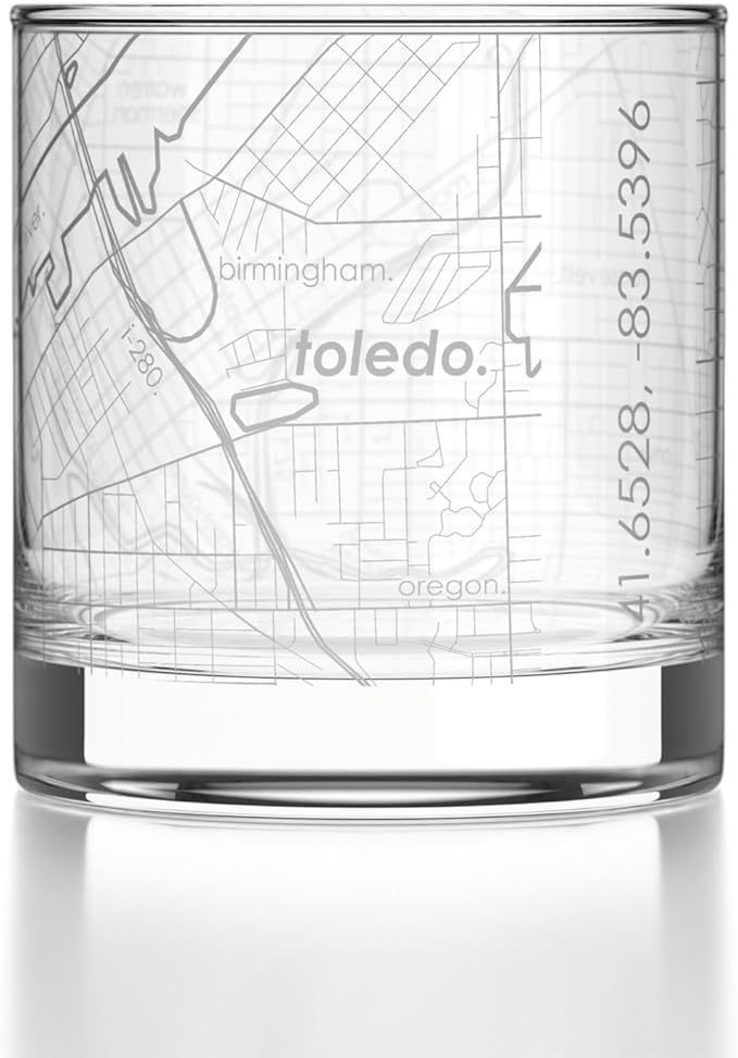 Well Told Engraved Toledo Ohio Map Rocks Glass, Old Fashioned Glassware (11 oz, Clear) Etched Bourbon Tumbler, Gifts For Whiskey Lovers