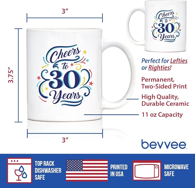 Bevvee Cheers to 30 Years - Coffee Mug Gifts for Women & Men - 30th Anniversary Party Decor - 11oz White Ceramic Mug