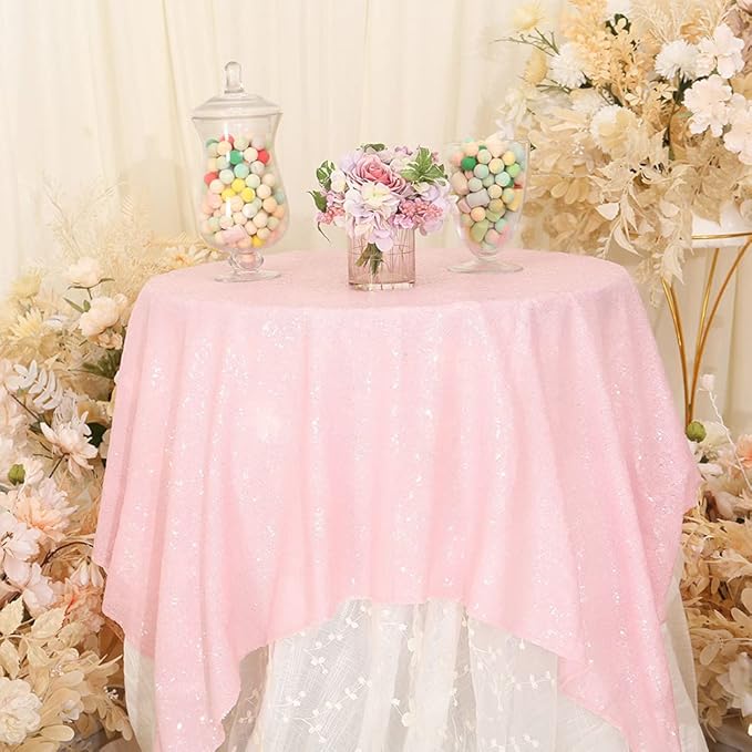 Eternal Beauty Sequin Tablecloth, 50x50 Inch Pink Square Glitter Table Cover for Valentines Cake Dessert Exhibition Party Birthday Events