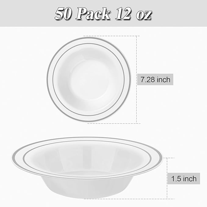 BESTSTAR 100 Pack Disposable Soup Bowls with Silver Rim, 12oz Premium Heavy Duty Plastic Dinner Bowls for Party, Wedding and Holiday