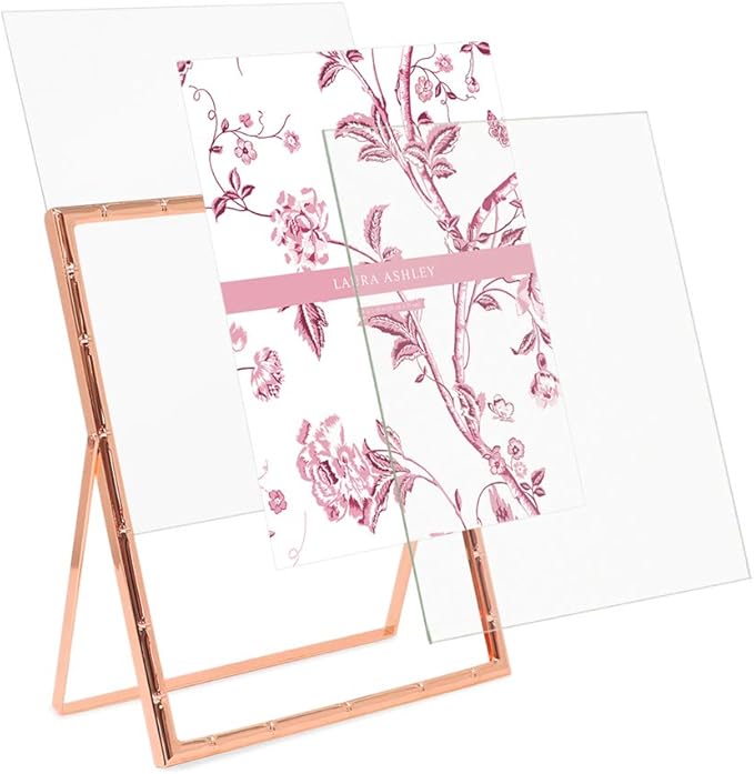 Laura Ashley 8x10 Rose Gold Bamboo Metal Picture Frame (Vertical) with Pull-Out Easel Stand, Made for Tabletop, Counterspace, Shelf and Desk