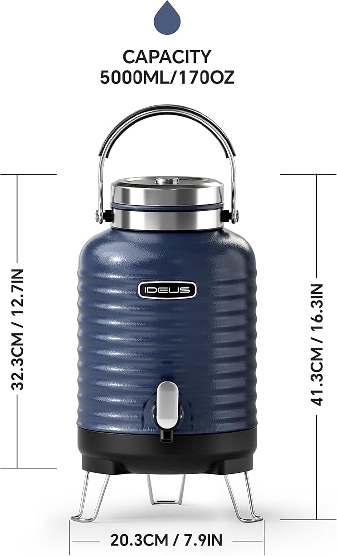 IDEUS Insulated Beverage Dispenser, All-in-one for Camping Vacuum Double-Wall Stainless Steel Water Cooler Coffee Carafe Jug Leakproof Drink Container with Handle, Spigot & Stand (Blue, 1,4gal)