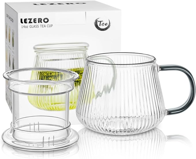 Lezero Tea Infuser Cup with Filter and Lids, Borosilicate Glass Mugs with Strainer for Blooming & Loose Leaf, Lead-free, Microwave & Dishwasher Safe, 14oz