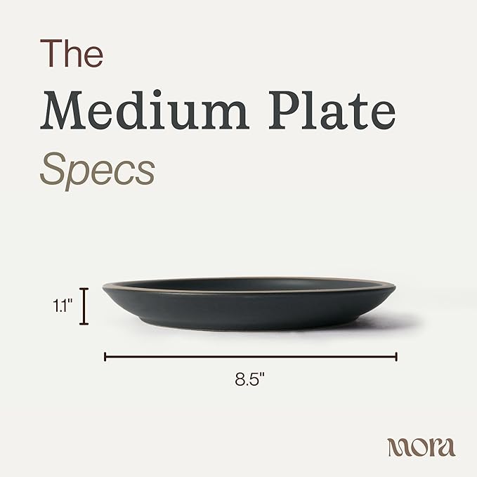 MORA Medium Plates Set of 4, 8.5 inch Ceramic Pottery Salad Plates - Microwave, Oven and Dishwasher Safe - Liquorice