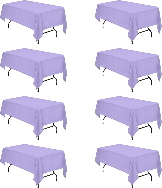 BRILLMAX 8 Pack Lavender Tablecloths 60 x 102 Inch for 6ft Rectangle Tables - 150 GSM Polyester Fabric, 15" Standard Drop, Water, Stain & Wrinkle Resistant Cloth Cover for Wedding Dining Buffet