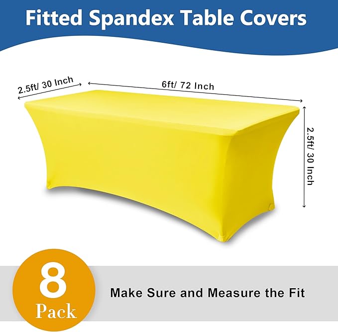 Fitted Stretch Table Cover for 6 Foot Rectangle Tables-8 Pack Yellow Spandex Tablecloth-Elastic Folding Tablecloths for Party, Vendor Booth Display, Banquet Buffet Event, Craft Trade Show