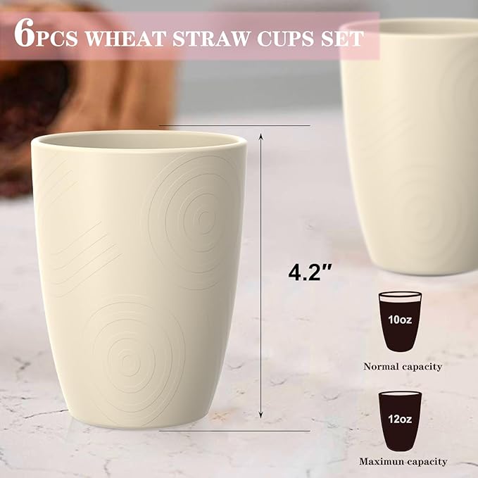 Homienly Plastic Cups Alternative 12oz - Wheat Straw Cups Set of 6 Reusable & Unbreakable Drinking Glasses Dishwasher & Microwave Safe Cups for Everyday Use-Beige