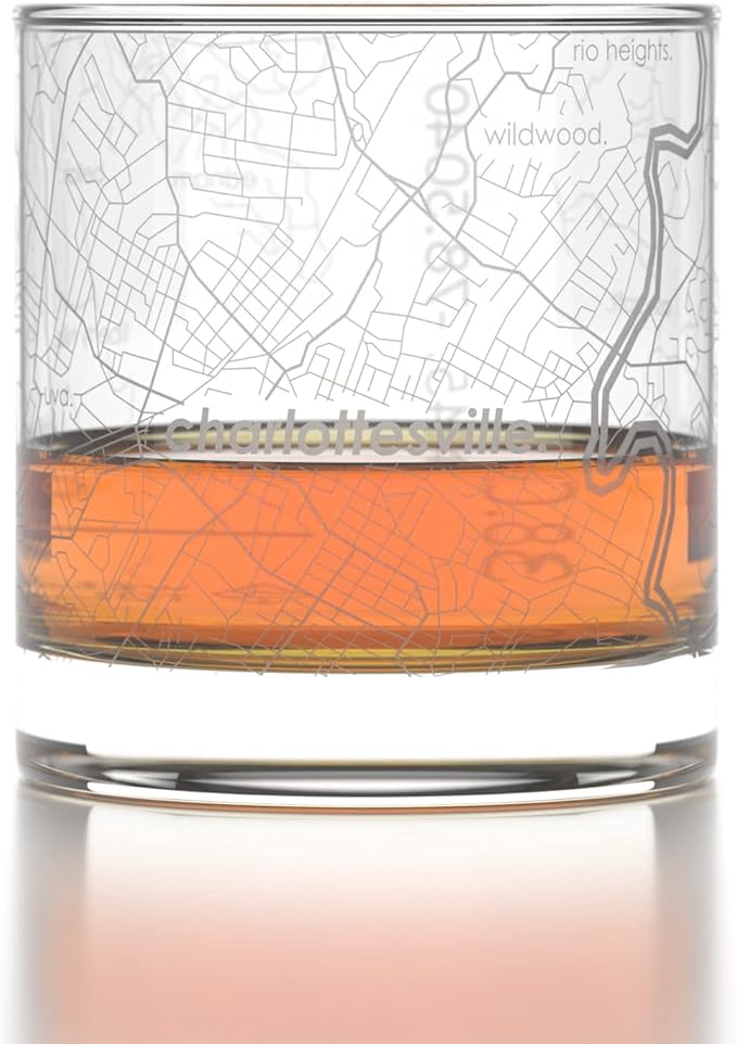 Well Told Engraved Charlottesville Virginia Map Rocks Glass, Old Fashioned Whiskey Glass (11 oz, Clear) Etched Whiskey Glass, Gifts For Whiskey Lovers