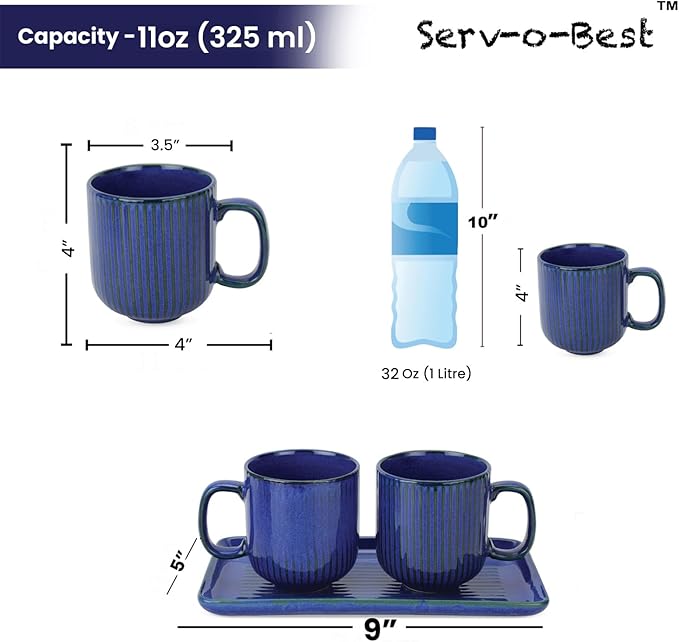 Ceramic Coffee Mugs with Handle Set – 2-Piece 11 Oz Ceramic Coffee Cups & 9" Tray, Handmade Midnight Blue Color, Microwave Safe Gift Set for Tea Lovers, Home Kitchen Décor