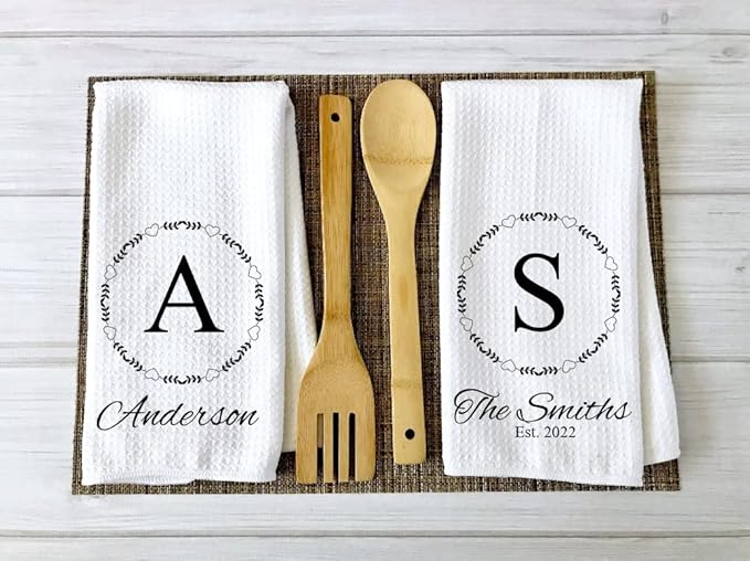 Personalized Kitchen Towel | Custom Tea Towel | Family Name Dish Towel | Kitchen Decor | Hand Towel | Housewarming Gift | Monogram Dishcloth (Wreath 7)