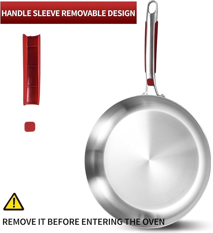 Inqibee 12 Inch Tri-Ply Stainless Steel Frying Pan with Lid, Skillet, Induction Cooking Pan, Dishwasher Safe, Detachable Large Handle