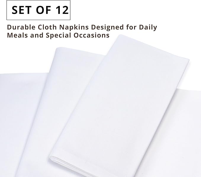 PurpleEssences Set of 12 Cloth Dinner Napkins 100% Cotton 18x18 Inch - Soft Durable Washable - Ideal for Farmhouse Party Spring Summer - Perfect Everyday Use Table Linen - White