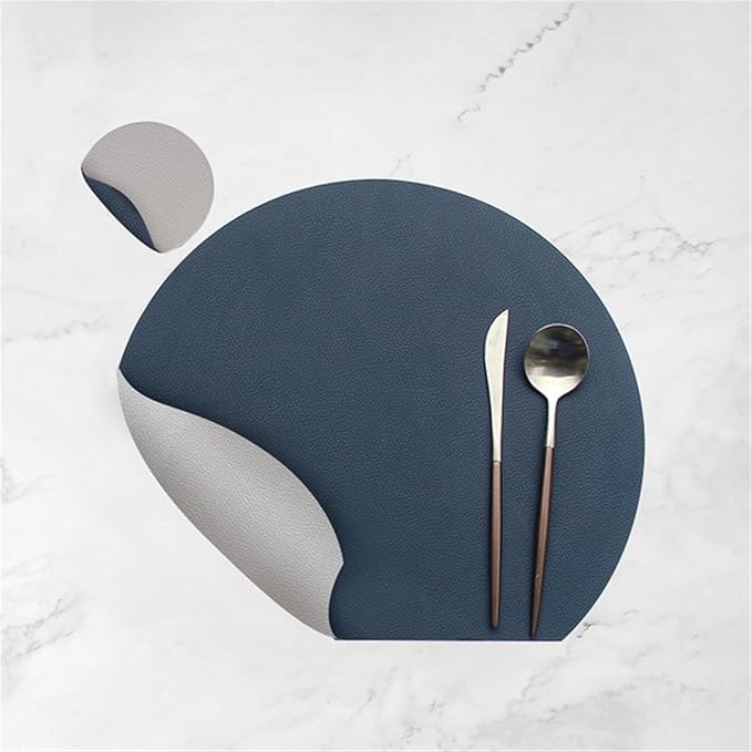 1/4/6Pcs Leather Placemat with Coaster Dual-Sided Unique Oval Table Mat Upgraded PU Table Mats and Color Kitchen Access(C Blue Grey,1pcs Set)