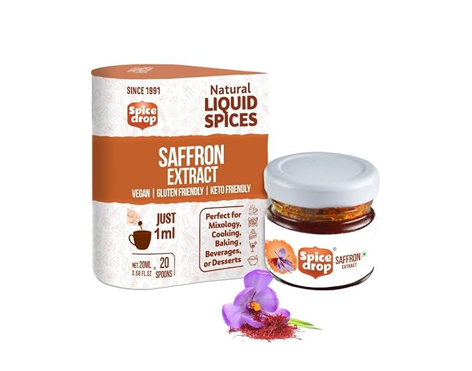 Spice Drop Pure Saffron Extract – Kashmiri Saffron Essence for Cooking & Beverages – Instant Mixing, No Artificial Colors or Preservatives – Gluten-Free & Non-GMO – 20ml