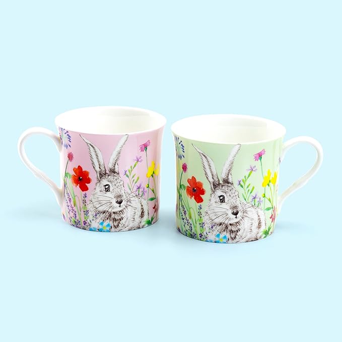 Spring Flower Bunny 4-Color Assorted Bone China 10oz Tea Coffee Mugs, Four Mugs, Easter Pink, Blue, Green, White