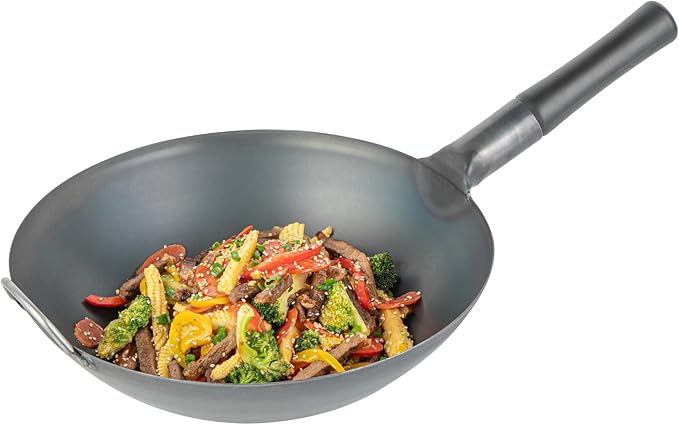 Restaurantware-Motomori 14 Inch Pre-Seasoned Carbon Steel Wok, 1 Traditional Japanese Wok - Flat Bottom, Wooden Handle, Black Carbon Steel Traditional Stir Fry Pan, With Helper Handle