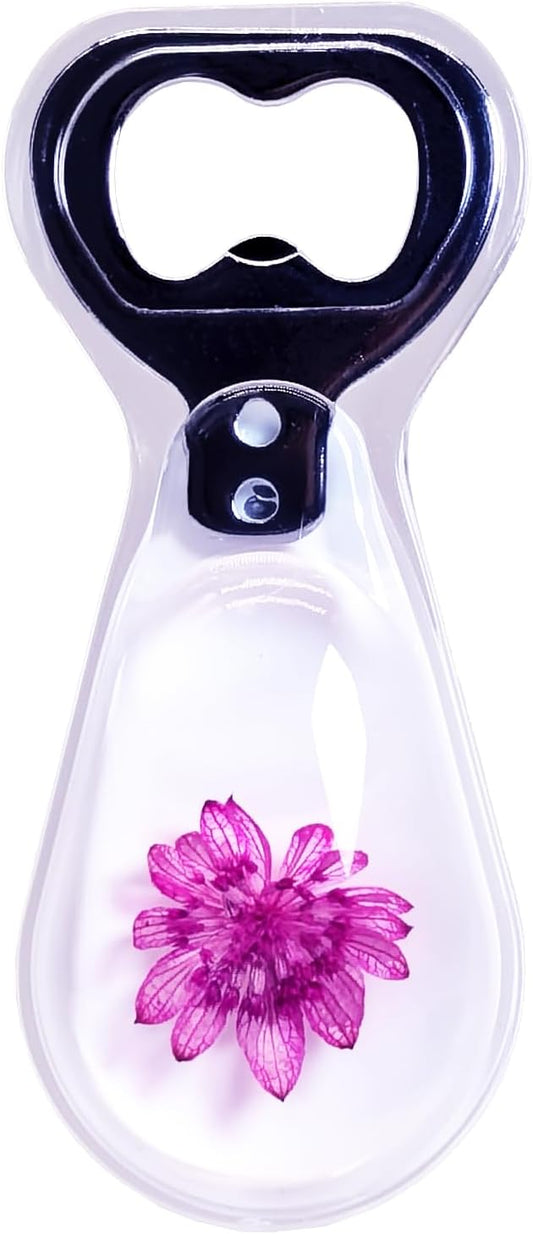 Resin Art Bottle Opener – Real Astrantia Flower, Clear Grey, 1 PCS, Feminine Gift for Women, Floral Lucky Charm, Decorative Resin Bar Tool