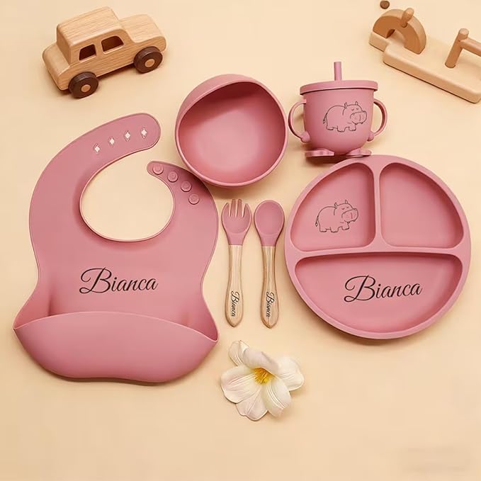 Silicone Feeding Set with Engraved Name for Baby-Led Weaning - Personalized Suction Plate, Bib, Utensils Eco-Friendly, BPA-Free Toddler Essentials - Newborn Shower Gift (6pc set)