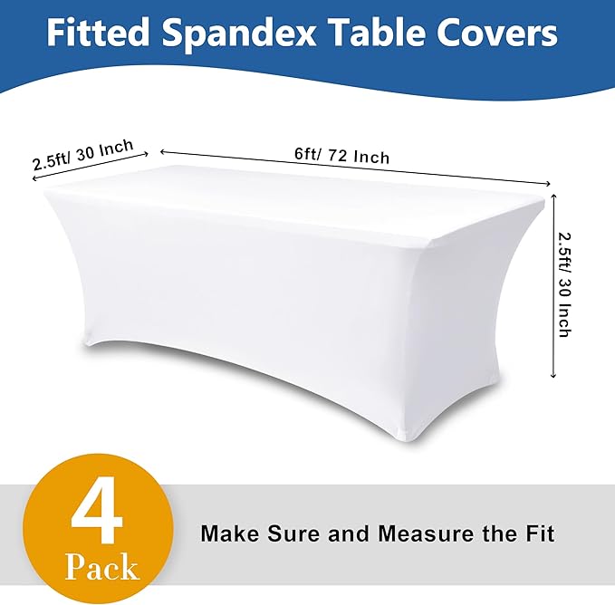 Table Cover for 6 foot Rectangle Tables-4 Pack White Fitted Stretch Tablecloth-Elastic Spandex 6ft Folding Tablecloths for Party, Vendor Booth Display, Banquet Buffet Event, Craft Trade Show