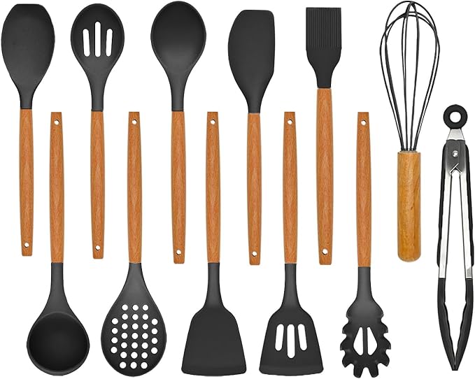 Kitchen Utensils Set - Silicone Cooking Utensils Set - 12 Pcs for Cooking, Spatula,Turner, Spoon, Brush, Useful Pots and Pans Accessories, Kitchen Gadgets for Non-Stick Cookware BPA FREE