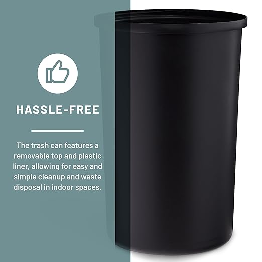 Safco Open Top Trash Can, 14 Gallon Stainless Steel, Modern Garbage Can for Indoor Use, Black