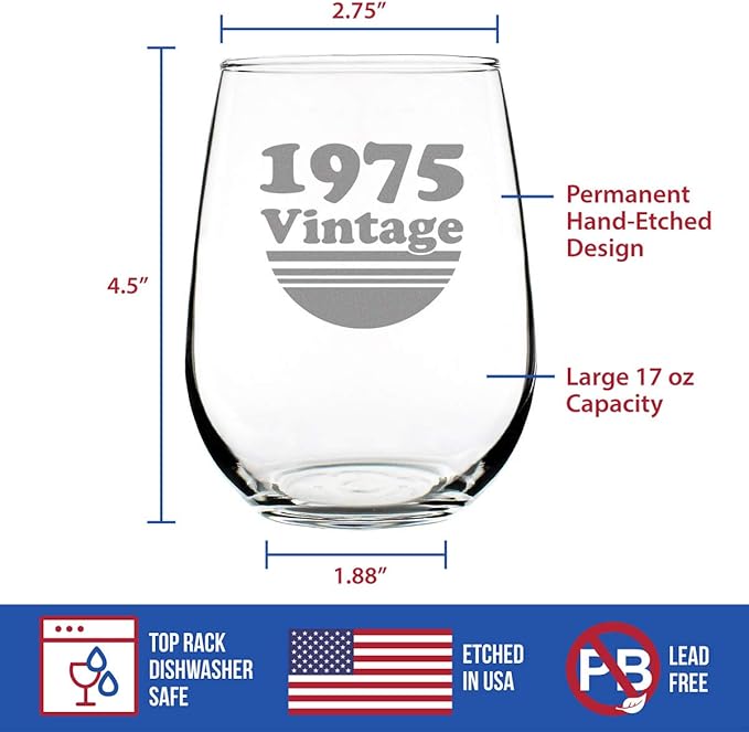 Bevvee Vintage 1975 Stemless Wine Glass - 51st Birthday Gifts for Women & Men Turning 51 - Bday Party Decor - Large 17 oz