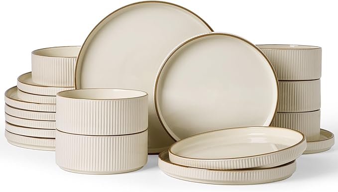 Famiware Star Dinnerware Set, Plates and Bowls Sets for 6 (18pcs), Ribbed Stoneware Dishes - Chip & Scratch Resistant, Microwave & Dishwasher Safe Kitchenware, Cream