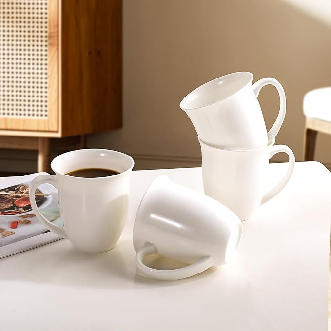 Fine Bone China Coffee Mugs Set of 6, 13 Oz White Tea Cups with Outwardly Tilted Rim, Wide Mouth Lightweight Ceramic Coffee Mugs, DIY Gifts for Coffee & Tea Lovers
