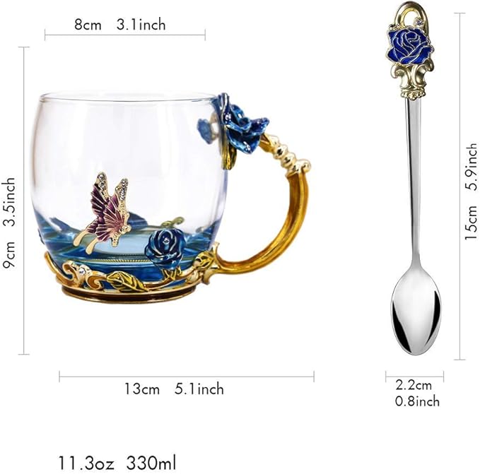 Luka Tech Enamels Butterfly flower Lead-free Glass Coffee Mugs Tea Cup with Steel Spoon, personalised Gifts For Women Wife Mom Friends Birthday Mothers Valentines Day Wedding (Blue)