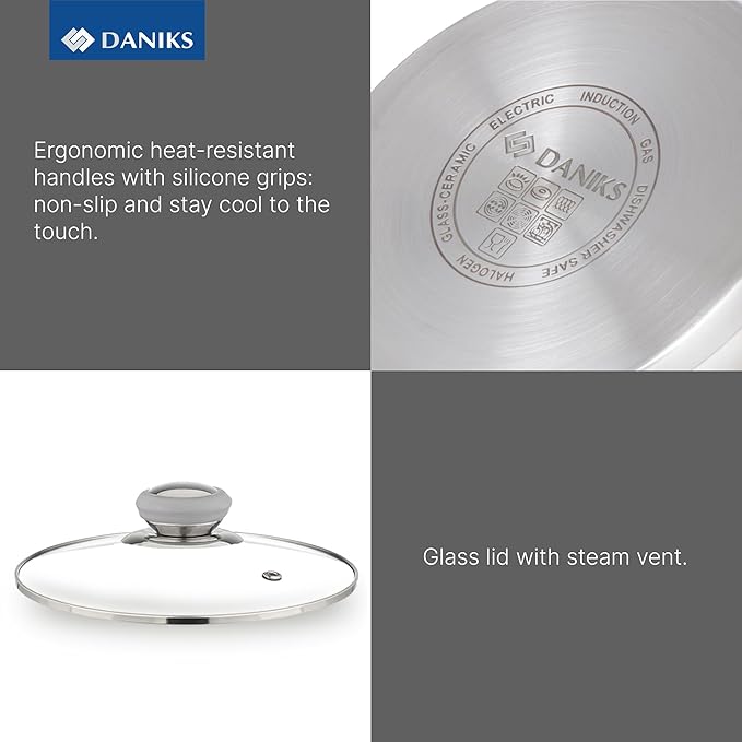 Daniks Modern 4 Quart Stainless Steel Stock Pot with Glass Lid, Tri-Ply Bottom for Even Heating, Induction Compatible, Dishwasher Safe, Heatproof Handles