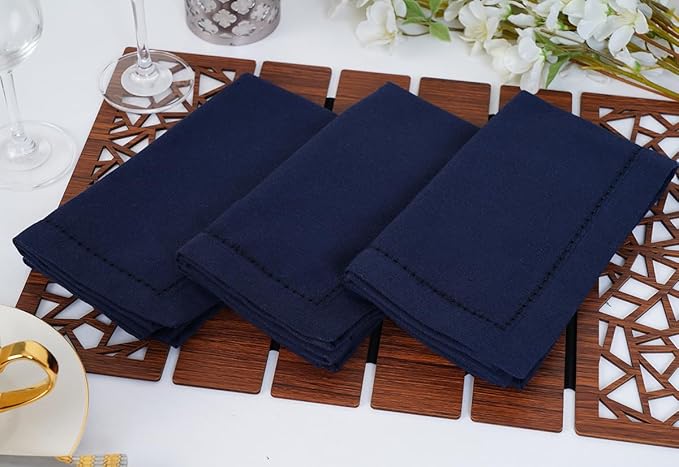 Blue Needles Navy Blue Hemstitch Linen Napkins Set of 12-100% Cotton Cloth Dinner Napkins 18x18 inches, Soft, Reusable, Absorbent, Washable Ideal for Wedding Events, Parties & Everyday Use