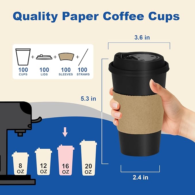 16 oz 100 Pack Coffee Cups with Lids and Sleeves, Straws, Hot Disposable To Go Travel Paper Cups Bulk for Office, Home Coffee Bar Accessories, Chocolate, Cocoa, Beverage (Black)