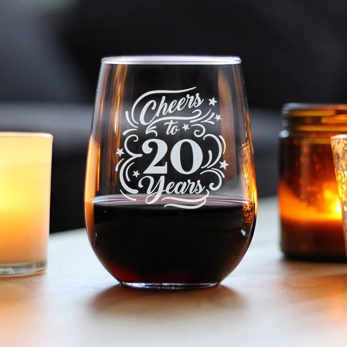 Bevvee Cheers to 20 Years - Stemless Wine Glass Gifts for Women & Men - 20th Anniversary or Birthday Party Decor - Large 17 Ounce Glasses