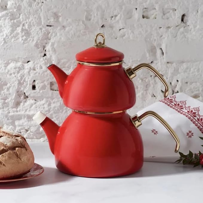 Karaca Retro Turkish Teapot for Stovetop, 1.1L Turkish Tea Pot & 2.3L Kettle, Dishwasher Safe, Induction Tea Pot Set, Vibrant Color Lasting Enamel, Samovar Style, Red
