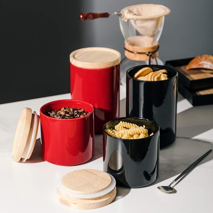 Sweejar Kitchen Canisters Ceramic Food Storage Jar, Stackable Containers with Airtight Seal Wooden Lid for Serving Ground Coffee, Tea, Sugar, Salt and More - 28 Fl Oz (Red)