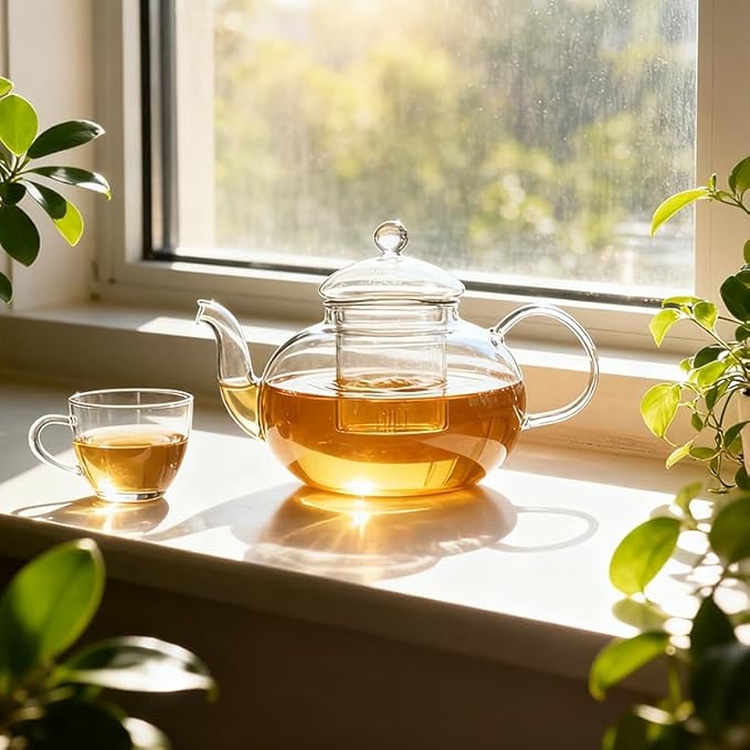 800ml(27oz) Borosilicate Glass Teapot with Removable Glass Infuser, Stovetop Safe Clear Tea Kettle for Blooming and Loose Leaf Tea