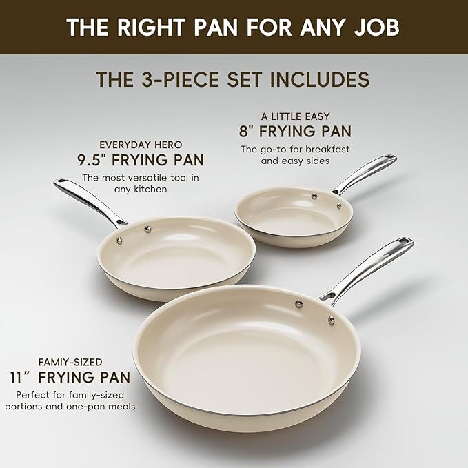 Ceramic Nonstick Frying Pans Set, Fry Pan Skillet, Non Toxic Pans for Cooking, Egg Pans，Induction Suitable，PFAS-Free Cookware, Dishwasher Safe, Oven Safe (Cream White, 8''+9.5''+11")
