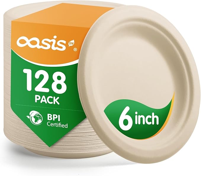 6 Inch 128 Pack Compostable Disposable Paper Plates, Small Dessert Plates, Heavy Duty Sugarcane Bagasse, Biodegradable Eco-Friendly, Perfect for Kids Meals & Parties, Natural