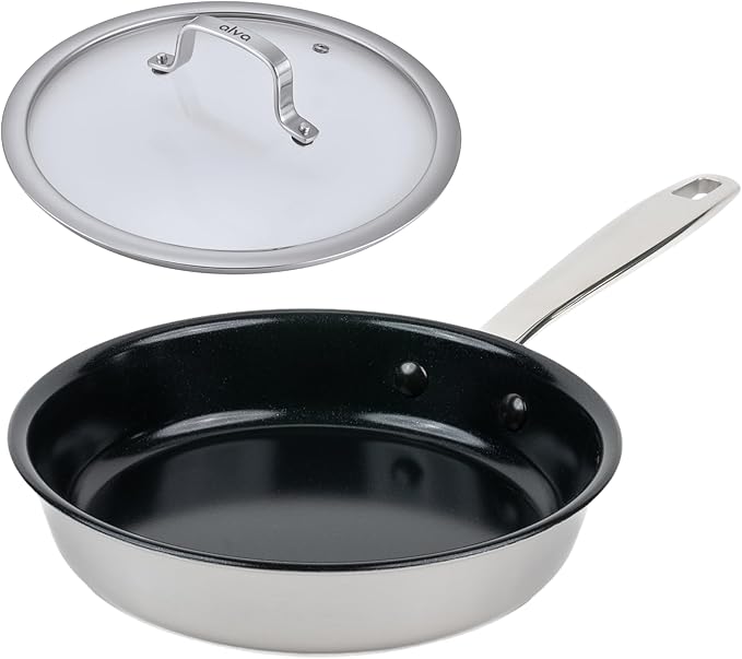 Alva Maestro 8-Inch Ceramic Nonstick Stainless Steel Frying Pan with Glass Lid – Made Without PFAS, PFOA, PTFE-Ceramic Coating, Even-Heat Base, Oven & Induction Compatible, Stay-Cool Handle
