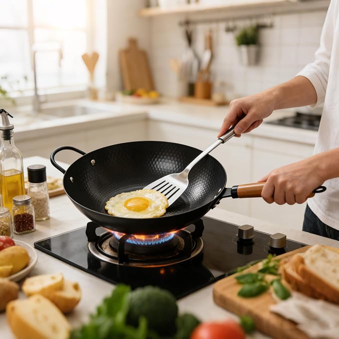 Nonstick Wok,Carbon Steel Wok 12.8-Inch Pan with Glass Lid for Frying,Electric,Induction,Gas Stoves Cooking