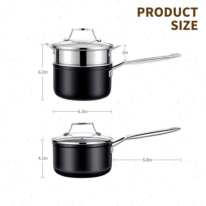 MSMK 2 Quart Saucepan with lid, Small Saucepan with Steamer Non stick, Induction, Scratch-resistant, Small Cooking Pot (2QT)
