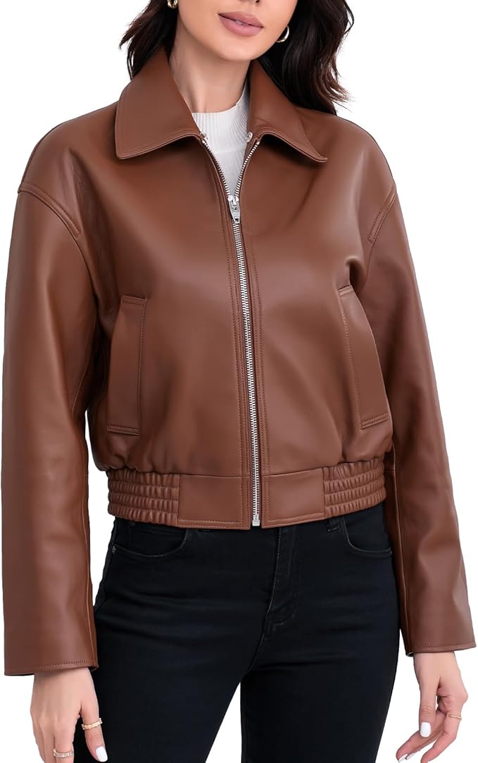 SILVER FASHIONS Leather Jacket Women,Cropped Lambskin Bomber Jacket,Removable Sherpa Collar, Zip Front, Elasticized Hem