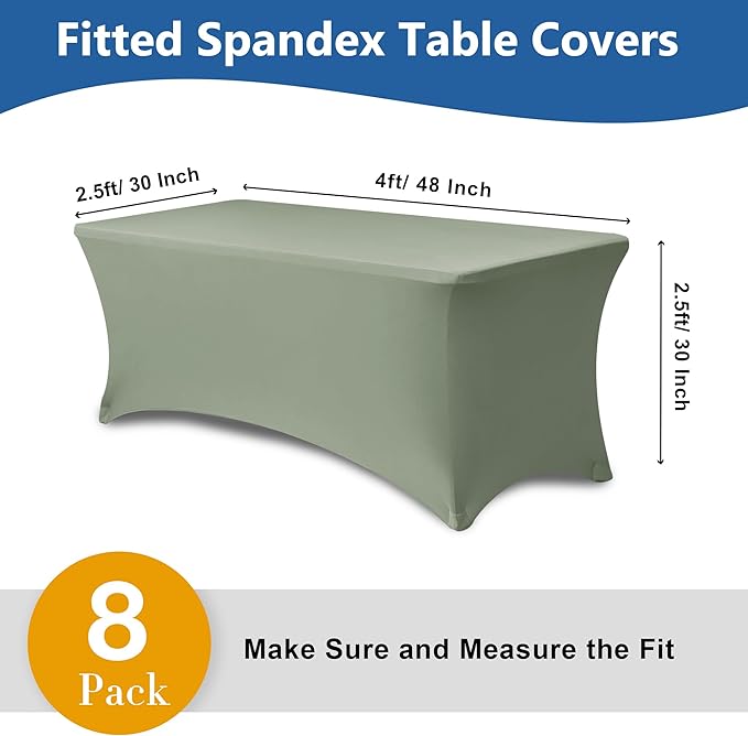 Fitted Table Cover for 4ft Rectangular Tables-8 Pack Sage Stretch Spandex Tablecloths-Elastic Folding Tablecloths for Party, Vendor Booth Display, Banquet Buffet Event, Craft Trade Show