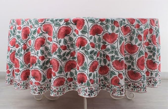 Ridhi Block Print Round Turquoise Green Reusable Tablecloth 100% Cotton 60" Inch Decorative Table Cover eveyday Dining, Home, Party, Wedding, Farmhouse Gift for Spring, Easter, Valentine