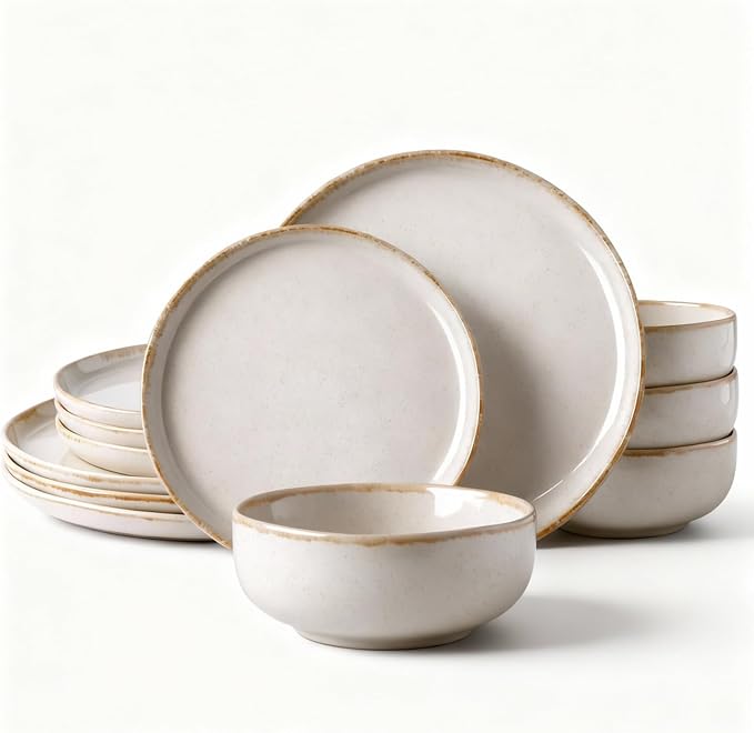 AmorArc Ceramic Dinnerware Sets, Wavy Rim Stoneware Plates and Bowls Sets, Highly Chip and Crack Resistant | Dishwasher & Microwave Dishes set, Service for 4 (12pc)-Cappuccino