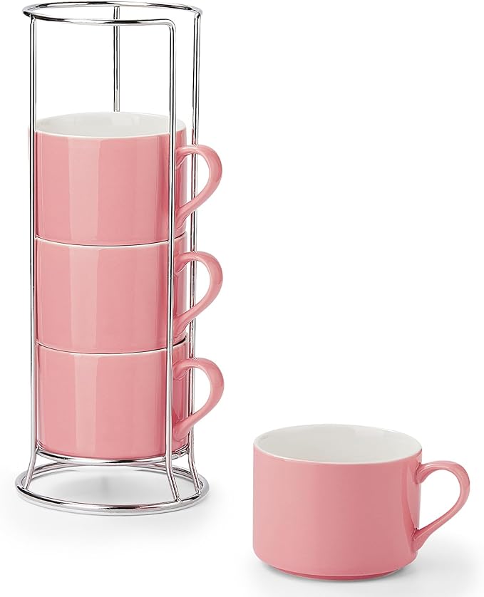10 Ounce Pink Porcelain Stackable Cappuccino Cups with Stainless Steel Holder, Set of 4, Durable Ceramic, Perfect for Home, Office or Gift