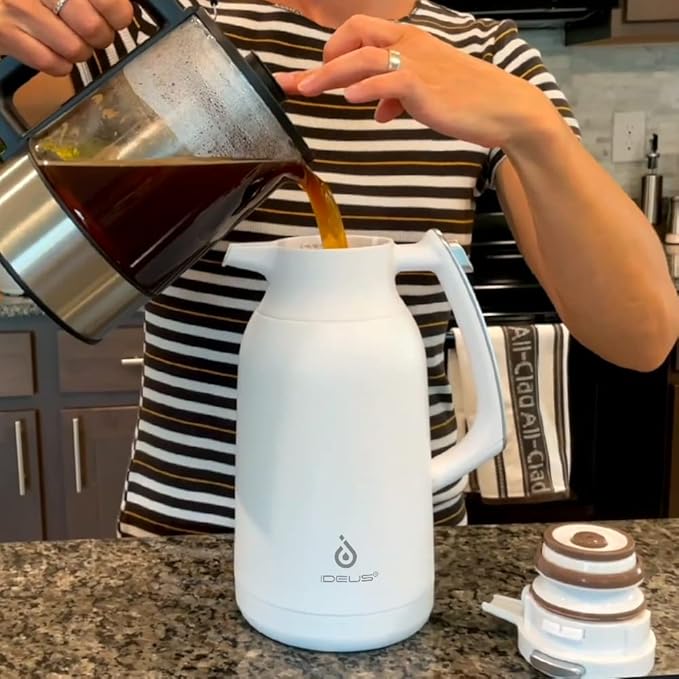 IDEUS Thermal Coffee Carafe 68oz (2,000ml), Stainless Steel Double Wall Insulated Vacuum Flask, Water Jug Coffee Server and Beverage Dispenser, Heat and Cold Retention (Metallic, 68oz (2,000ml))